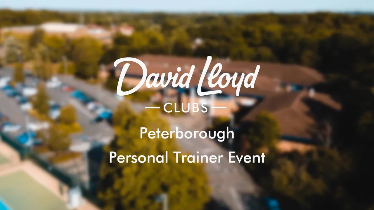 David Lloyd Clubs Peterborough personal trainer event title over an aerial view of the club.
